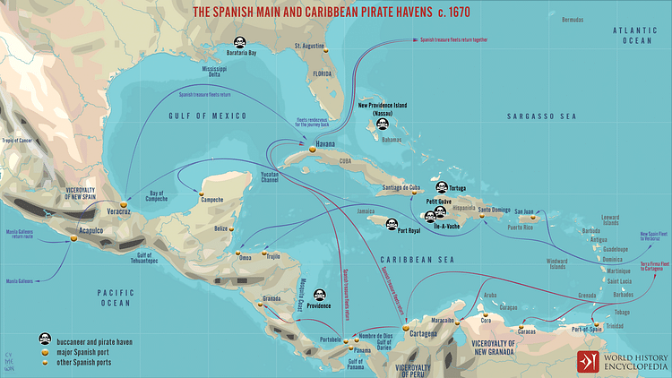 The Spanish Main and Caribbean Pirate Havens  c. 1670